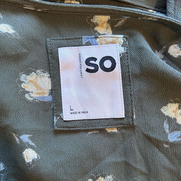 SO Side-Tie Faux-Wrap Ruffle Olive Green Floral V-Neck Long Sleeves Dress Large - Picture 5 of 7